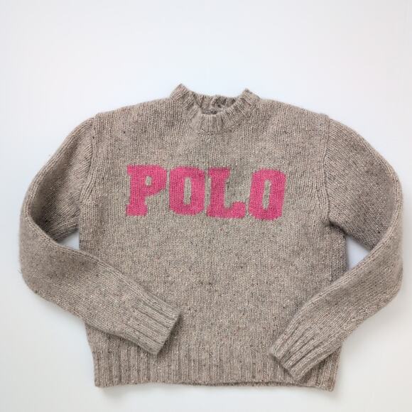 Polo Ralph Lauren Knit Sweater Girls 6 6X Tan Neutral Wool Blend Pink Spellout - Picture 6 of 8